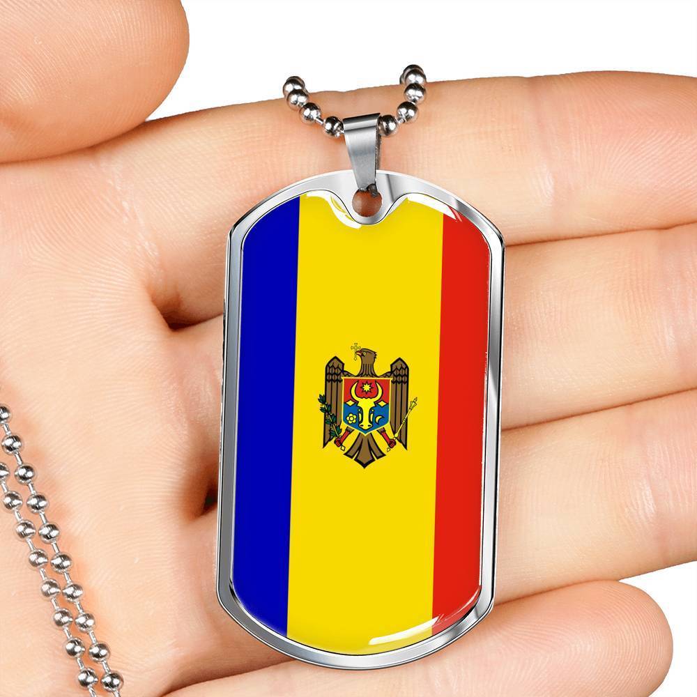 Moldova Flag Necklace Moldova Flag Stainless Steel or 18k Gold Dog Tag 24" - Express Your Love Gifts