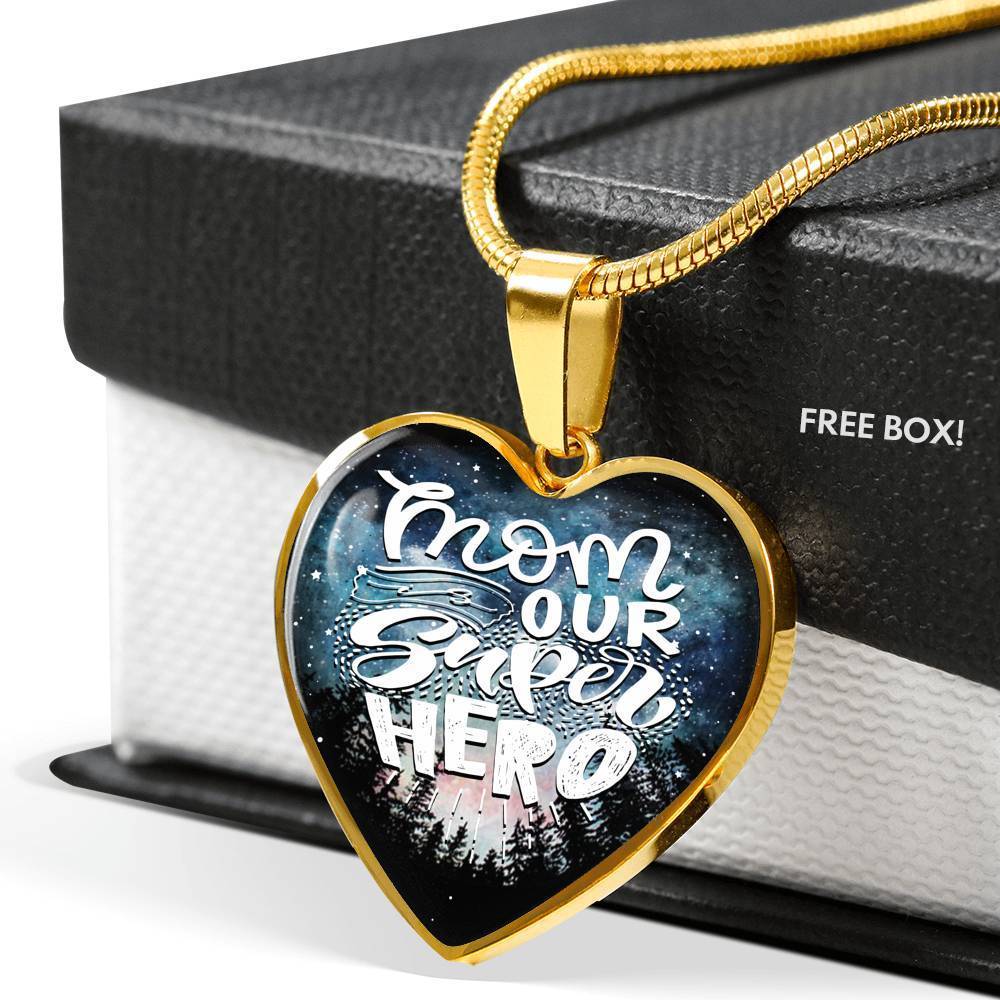 Mom Our Super Hero Necklace Stainless Steel or 18k Gold Heart Pendant 18-22" - Express Your Love Gifts