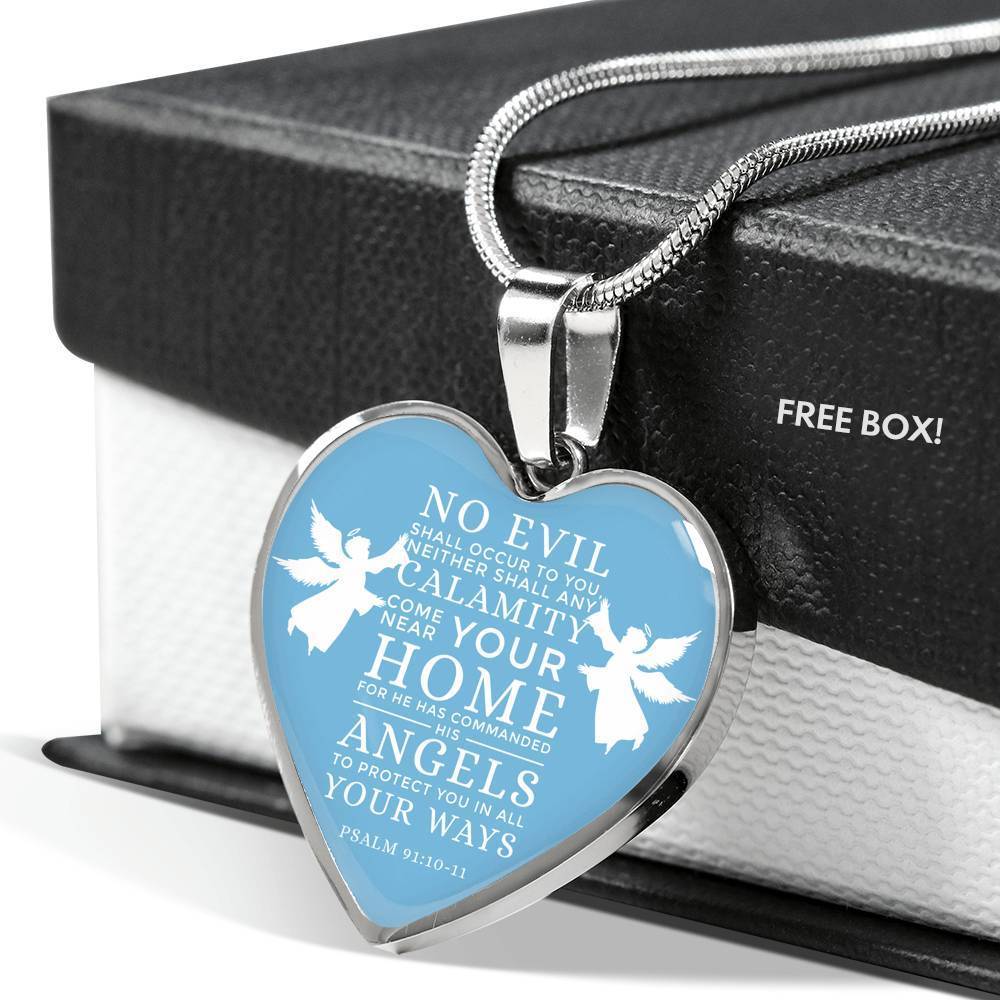 No Evil Psalm 91:1011 Bible Quote Heart Pendant Necklace Stainless Steel or 18k Gold 18-22" - Express Your Love Gifts