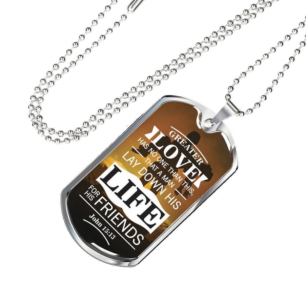 No Greater John 15:13 Soldier Necklace Stainless Steel or 18k Gold Dog Tag 24"-Express Your Love Gifts