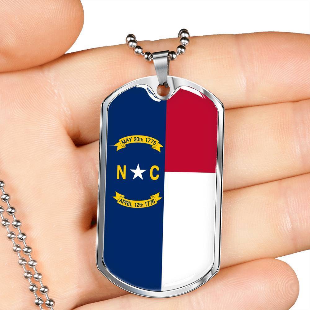 North Carolina State Flag Necklace Stainless Steel or 18k Gold Dog Tag 24" Chain - Express Your Love Gifts