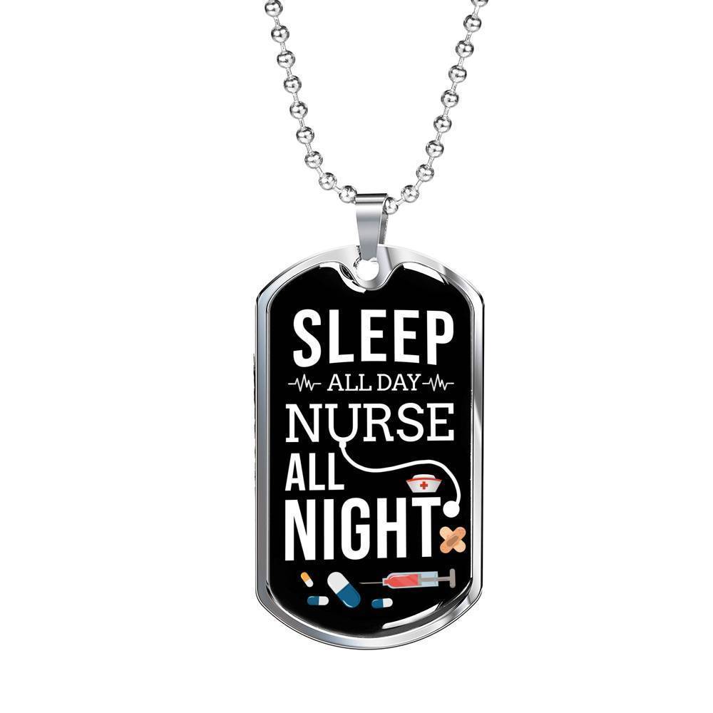 Nurse All Night Nurse Necklace Stainless Steel or 18k Gold Dog Tag W 24"-Express Your Love Gifts