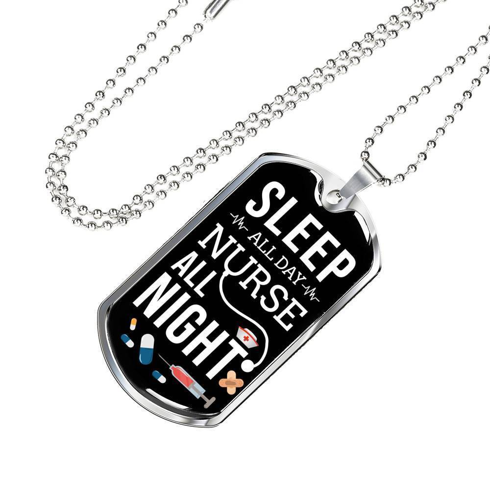 Nurse All Night Nurse Necklace Stainless Steel or 18k Gold Dog Tag W 24"-Express Your Love Gifts