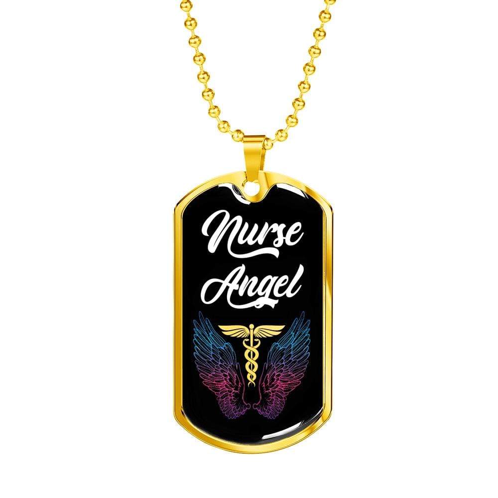 Nurse Angel Caduceus Necklace Stainless Steel or 18k Gold Dog Tag 24" - Express Your Love Gifts