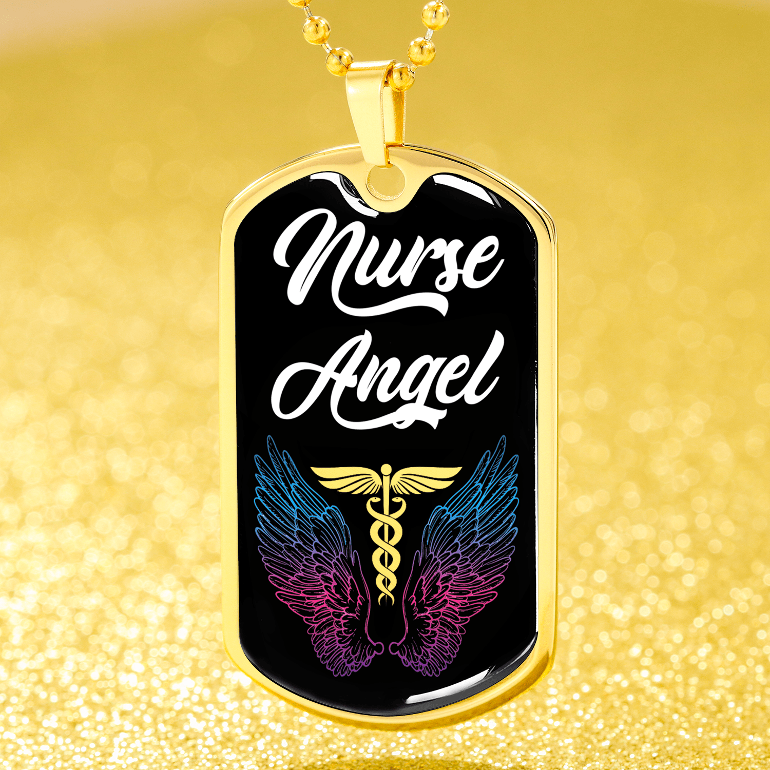 Nurse Angel Caduceus Necklace Stainless Steel or 18k Gold Dog Tag 24" - Express Your Love Gifts