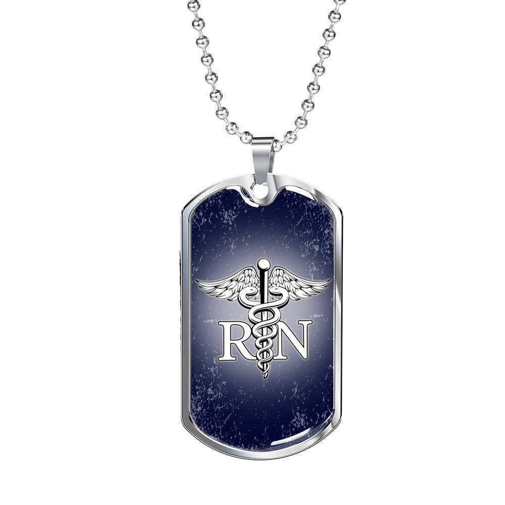 Nurse RN Necklace Caduceus Symbol Stainless Steel or 18k Gold Dog Tag w 24"-Express Your Love Gifts