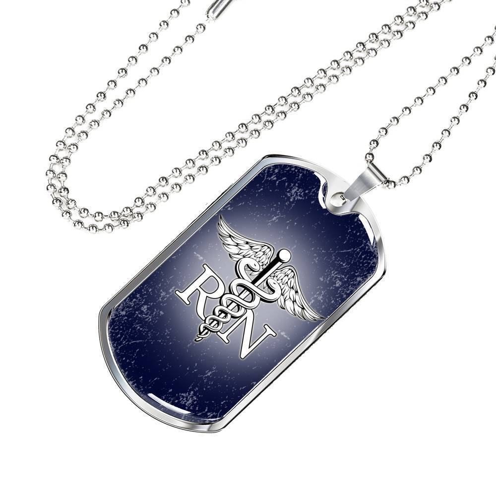 Nurse RN Necklace Caduceus Symbol Stainless Steel or 18k Gold Dog Tag w 24"-Express Your Love Gifts