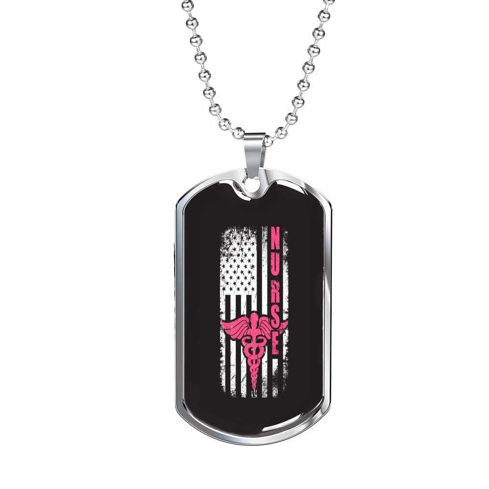 Nurse Us Flag Nurse Necklace Stainless Steel or 18k Gold Dog Tag W 24" - Express Your Love Gifts