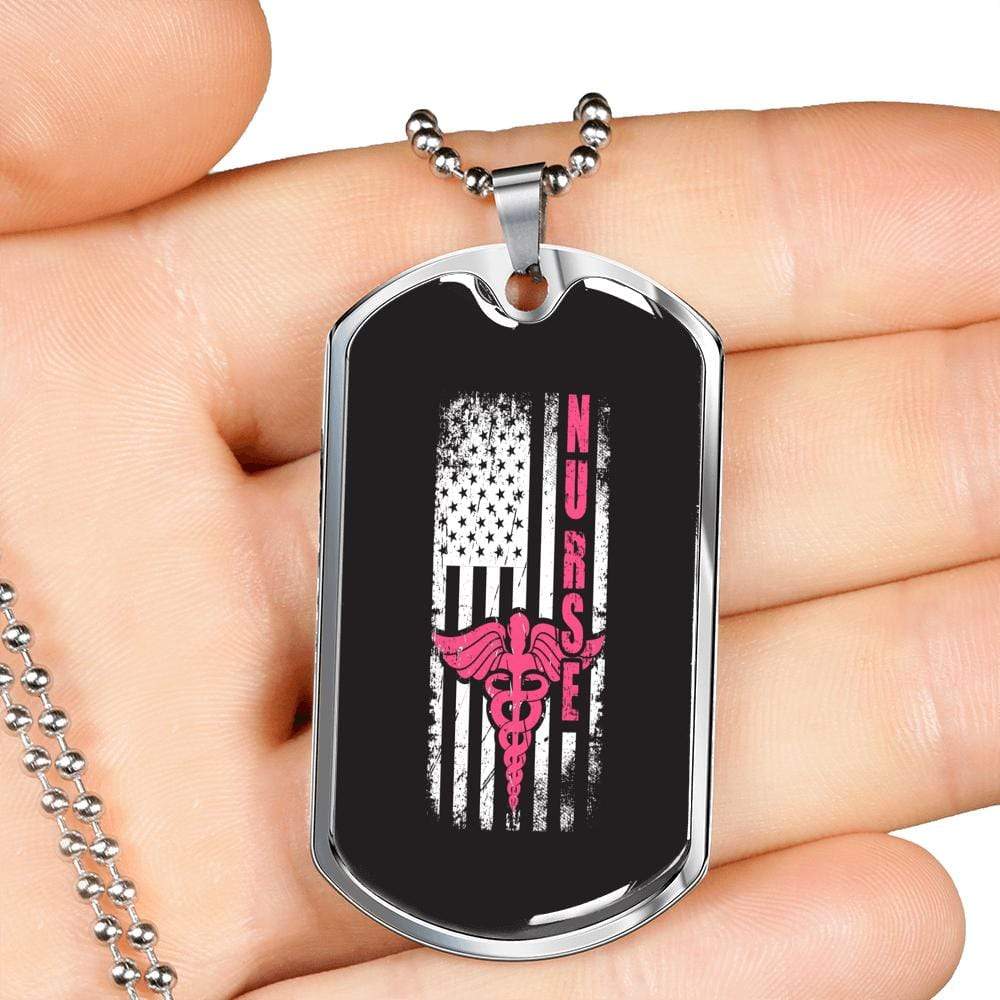 Nurse Us Flag Nurse Necklace Stainless Steel or 18k Gold Dog Tag W 24" - Express Your Love Gifts