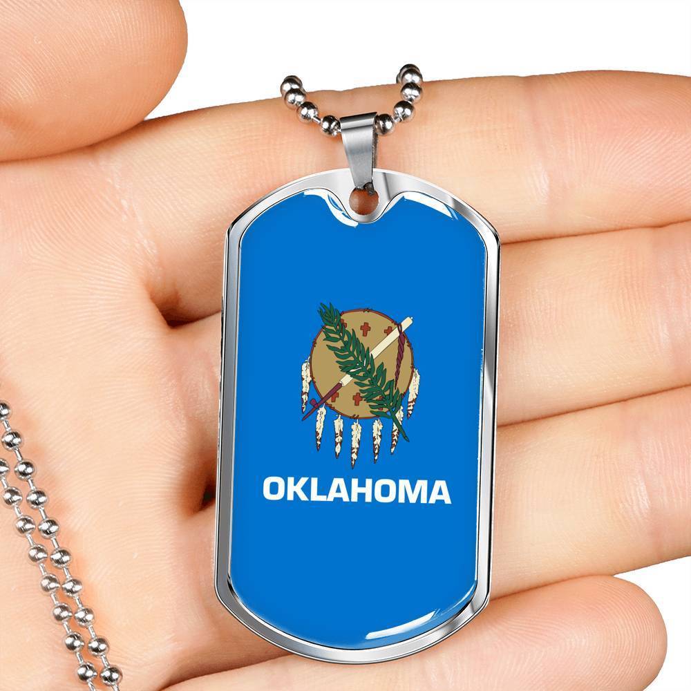 Oklahoma State Flag Necklace Stainless Steel or 18k Gold Dog Tag 24" Chain - Express Your Love Gifts