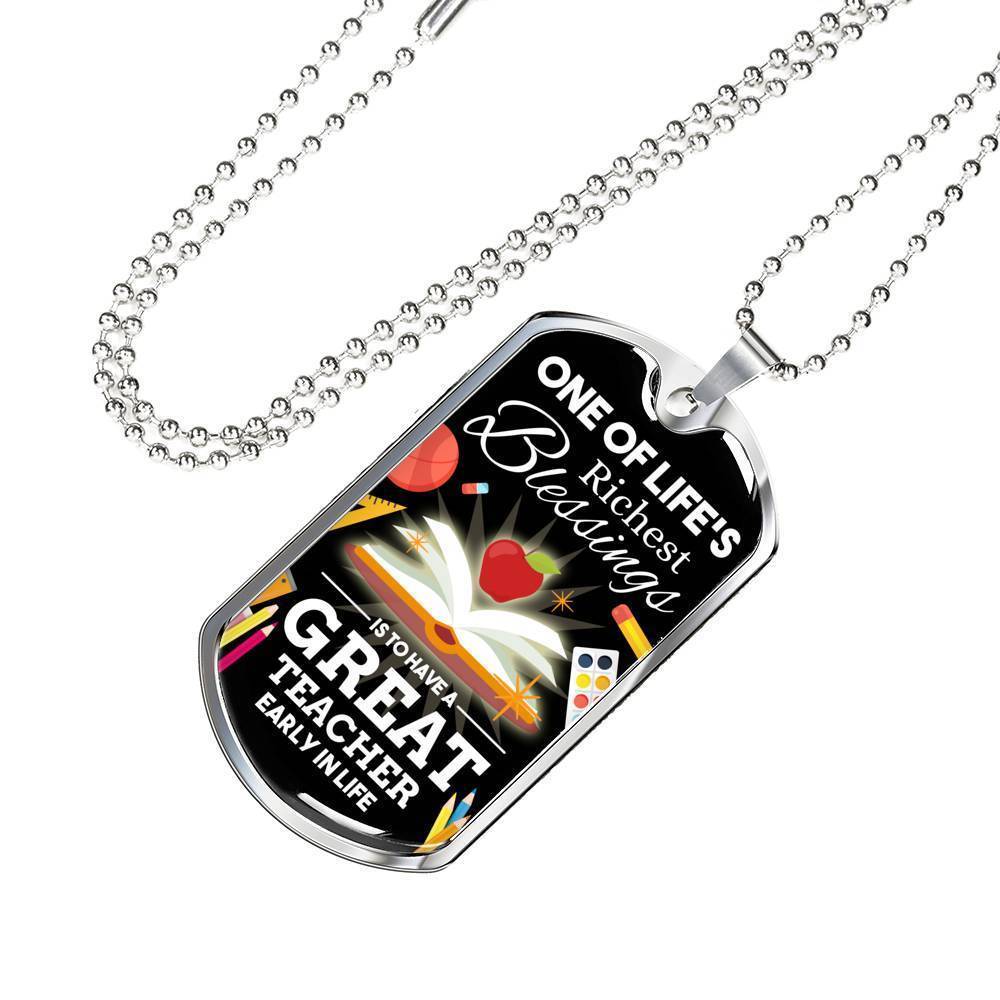 One Of Life'S Richest Blessing Teacher Appreciation Gift Necklace Stainless Steel or 18k Gold Dog Tag 24" Chain-Express Your Love Gifts