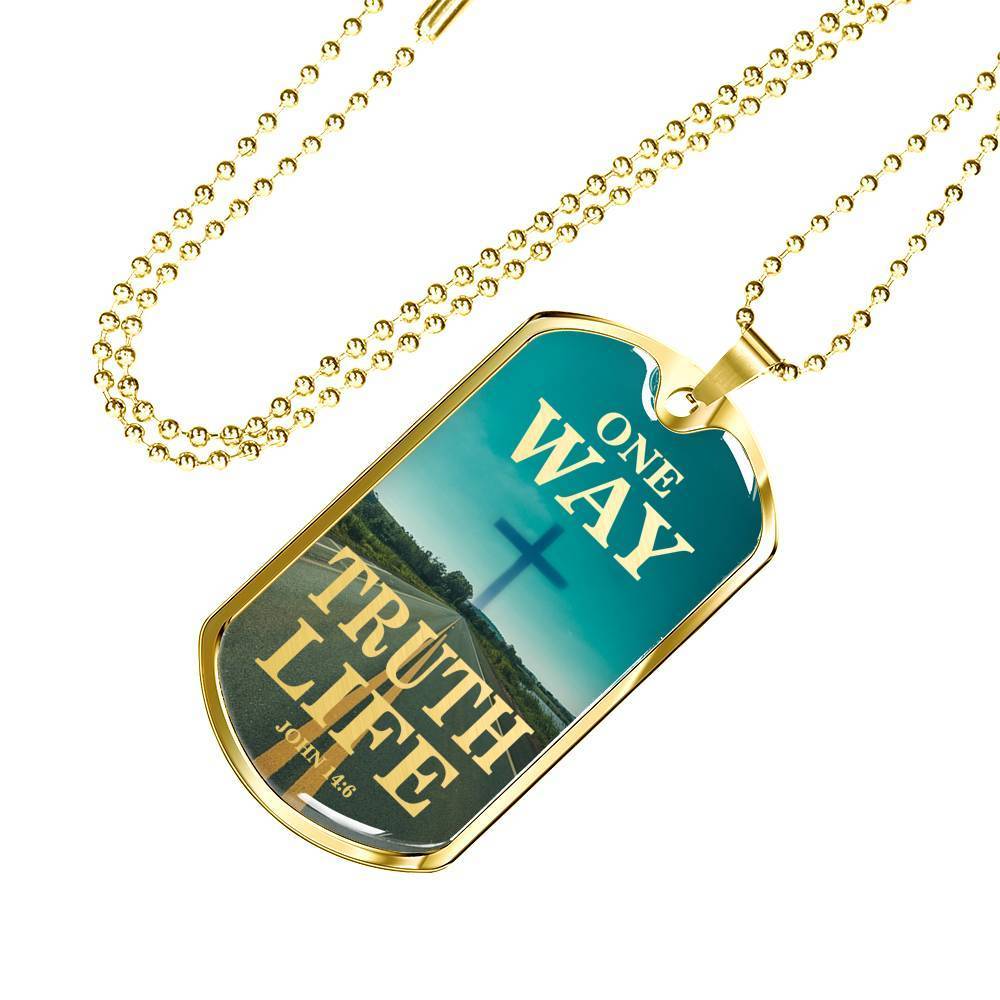 One Way Truth Life Bible Verse Necklace Stainless Steel or 18k Gold Dog Tag 24" Chain - Express Your Love Gifts