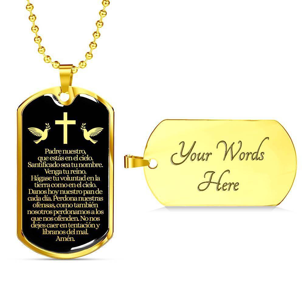 Padre Nuestro Our Father Spanish Stainless Steel 18k Gold Dog Tag 24" Chain-Express Your Love Gifts