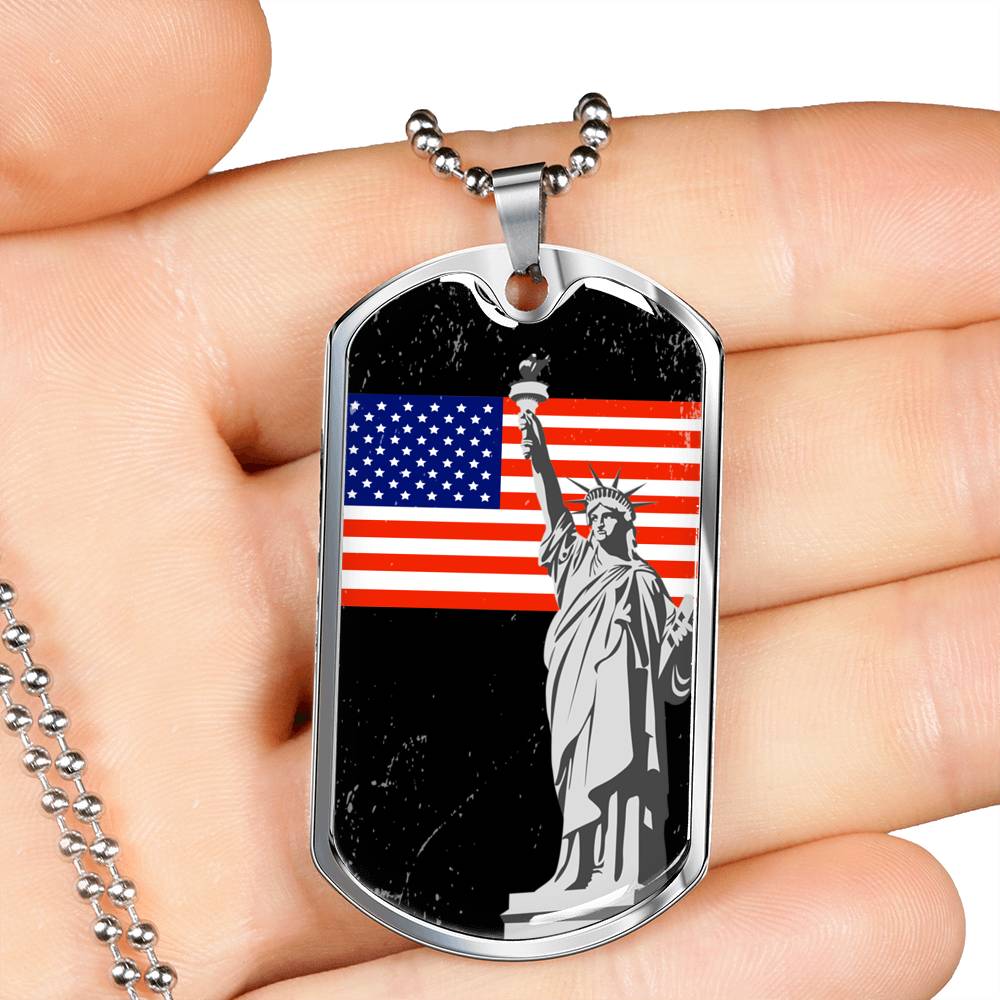 Patriotic Gift US Flag with Statue of Liberty Dog Tag Stainless Steel or 18k Gold 24 - Express Your Love Gifts