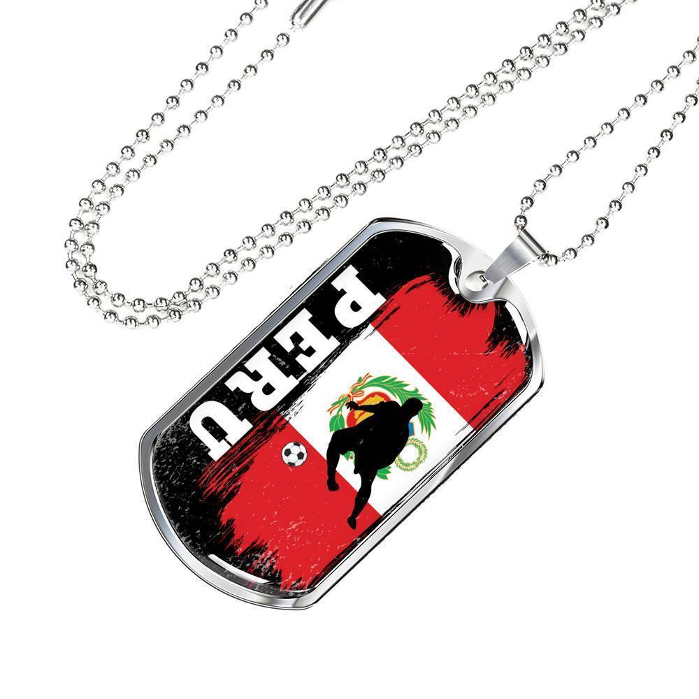 Peru Flag And Futbol/Soccer Necklace Stainless Steel or 18k Gold Dog Tag 24" Chain-Express Your Love Gifts