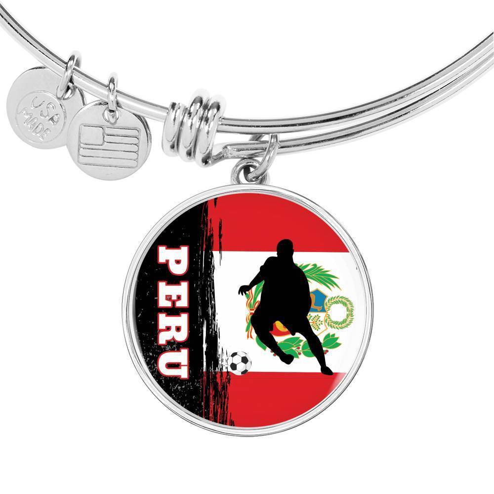 Peru Flag And Futbol/Soccer Stainless Steel or 18k Gold Circle Bangle Bracelet - Express Your Love Gifts
