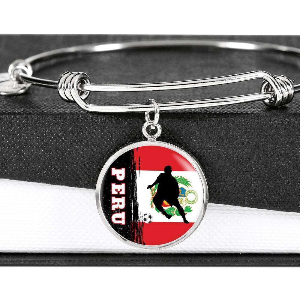 Peru Flag And Futbol/Soccer Stainless Steel or 18k Gold Circle Bangle Bracelet - Express Your Love Gifts