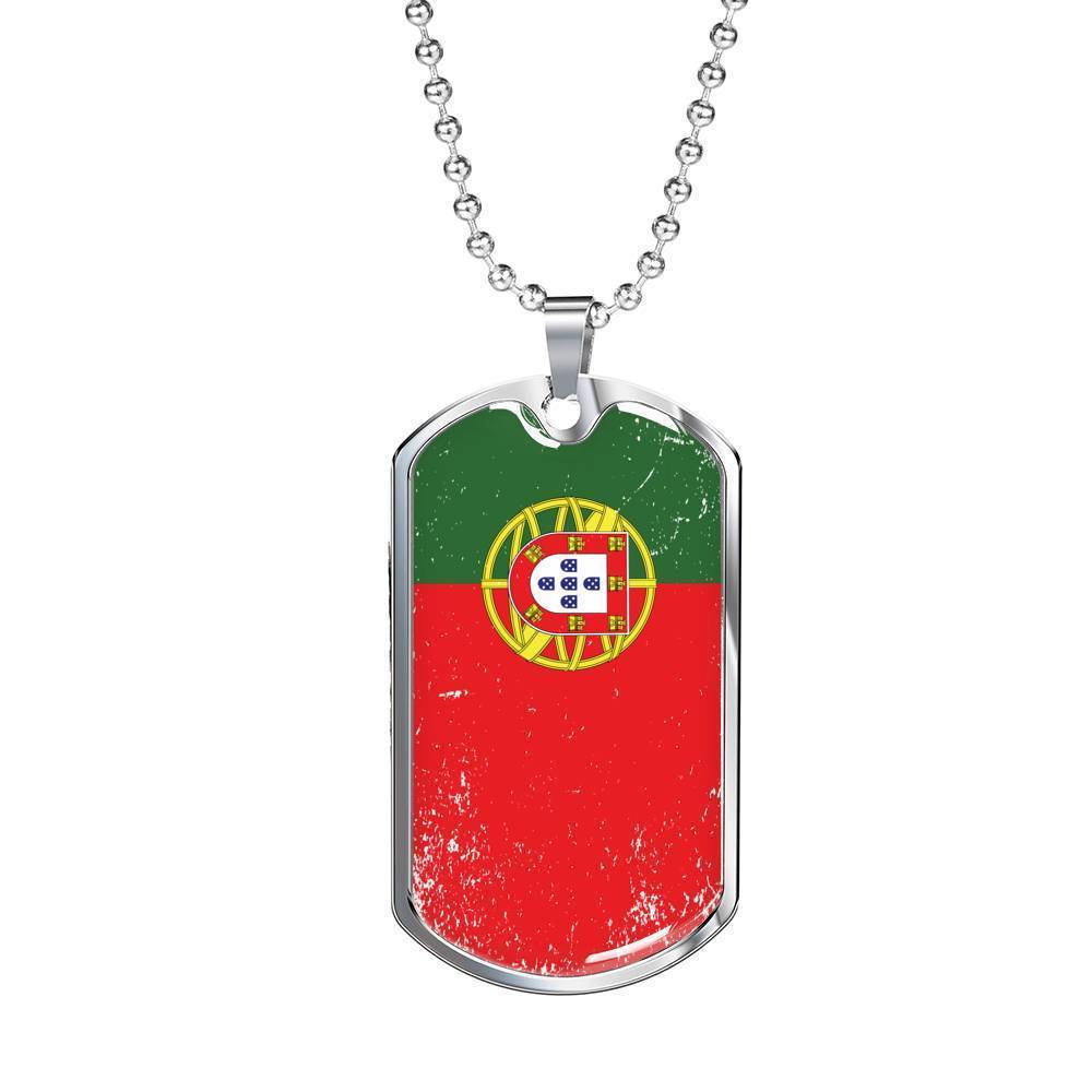 Portugal Flag Necklace Portugal Flag Stainless Steel or 18k Gold Dog Tag 24"-Express Your Love Gifts