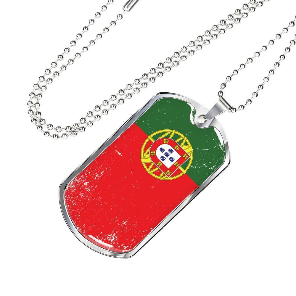 Portugal Flag Necklace Portugal Flag Stainless Steel or 18k Gold Dog Tag 24"-Express Your Love Gifts