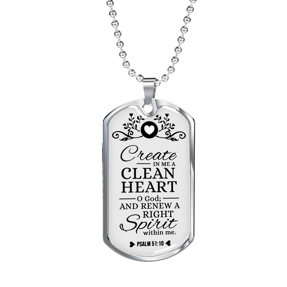 Pure Heart And Renewed Spirit Christian Faith Necklace Stainless Steel or 18k Gold Dog Tag 24" Chain-Express Your Love Gifts