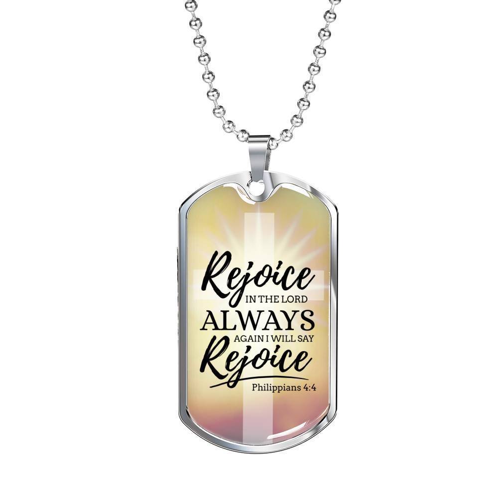 Rejoice In God's Presence Necklace Stainless Steel or 18k Gold Dog Tag 24" Chain-Express Your Love Gifts