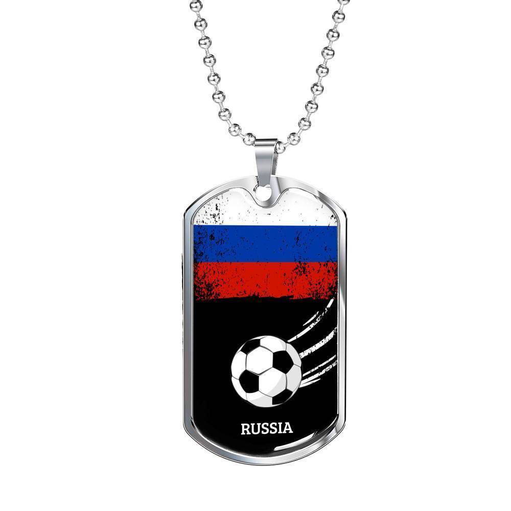 Russia Flag And Futbol/Soccer Necklace Stainless Steel or 18k Gold Dog Tag 24" Chain-Express Your Love Gifts