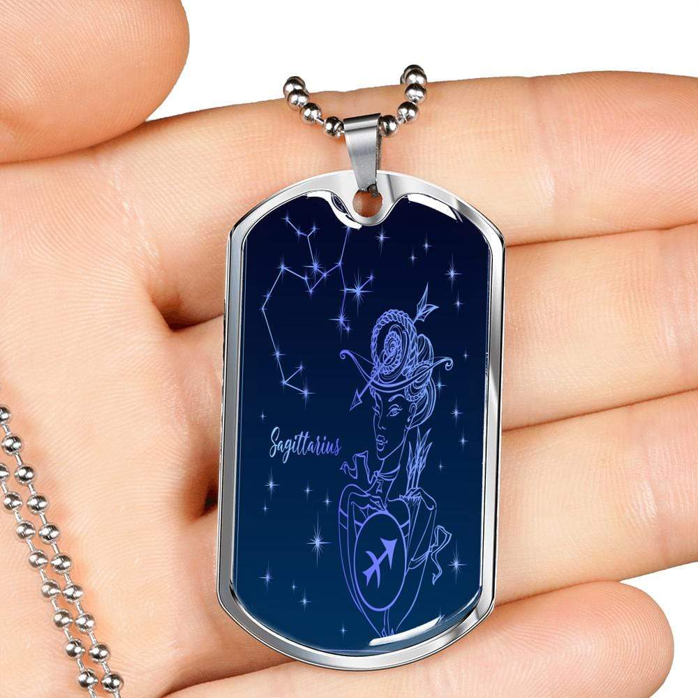 Sagittarius Necklace Blue Universe Dog Tag Stainless Steel or 18k Gold 24" Chain - Express Your Love Gifts