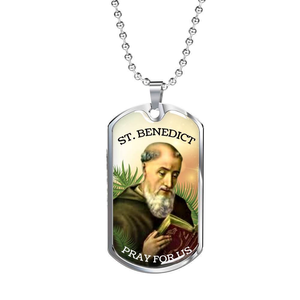 Saint Benedict Catholic Necklace Stainless Steel or 18k Gold Dog Tag 24" Chain-Express Your Love Gifts