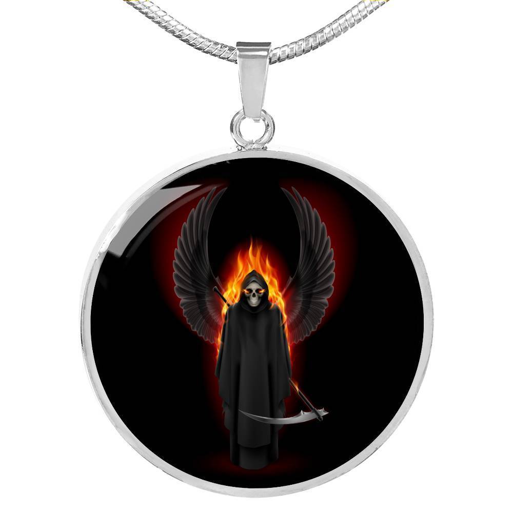 Santa Muerte Grim Reaper Necklace Circle Pendant Stainless Steel or 18k Gold 18-22" - Express Your Love Gifts
