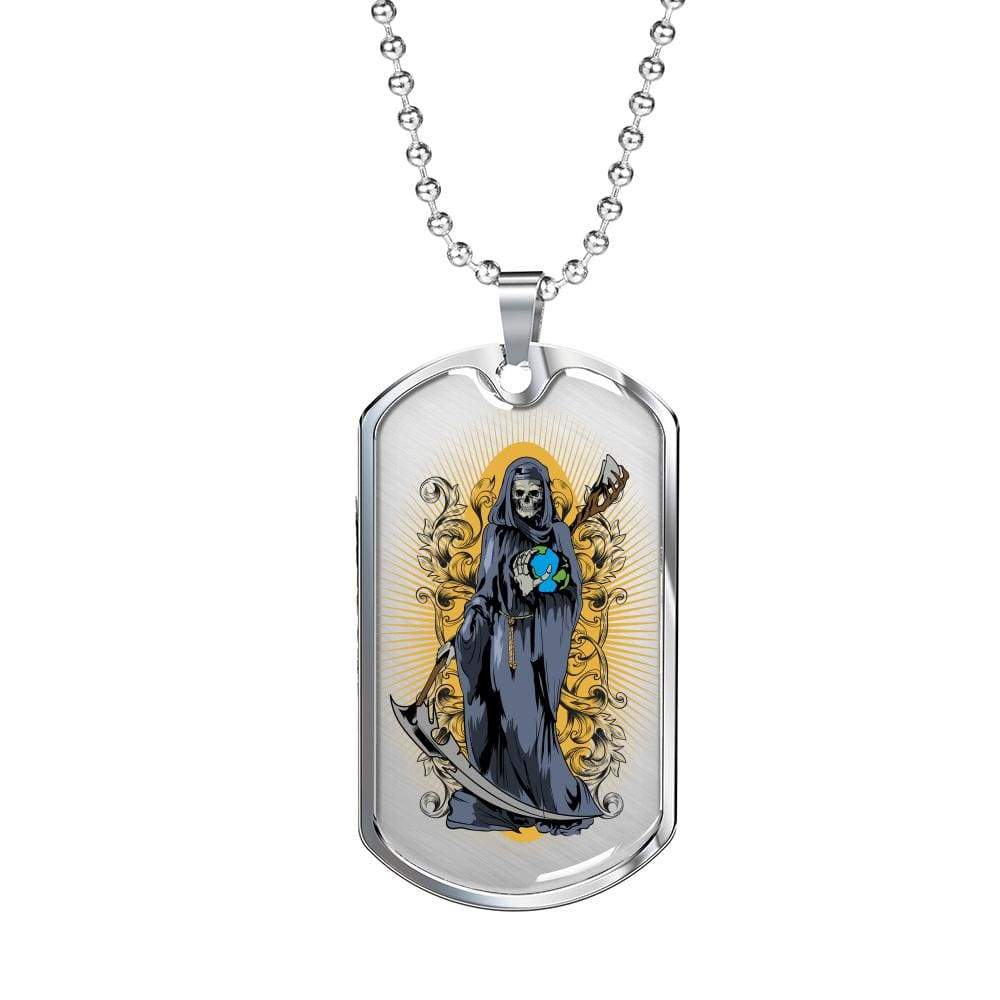 Santa Muerte Saint Of Holy Death Necklace Dog Tag Stainless Steel or 18k Gold 24" Chain - Express Your Love Gifts