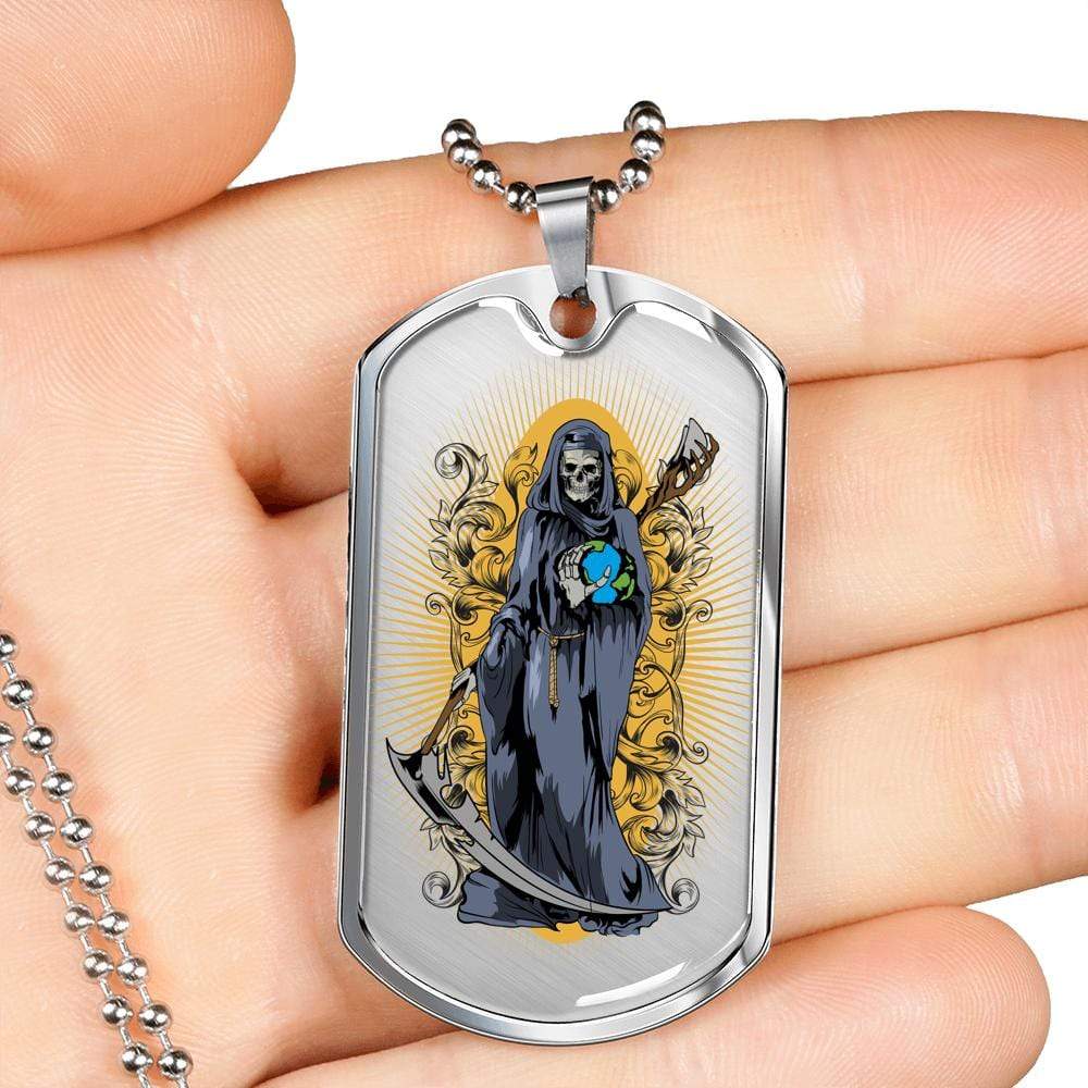 Santa Muerte Saint Of Holy Death Necklace Dog Tag Stainless Steel or 18k Gold 24" Chain - Express Your Love Gifts