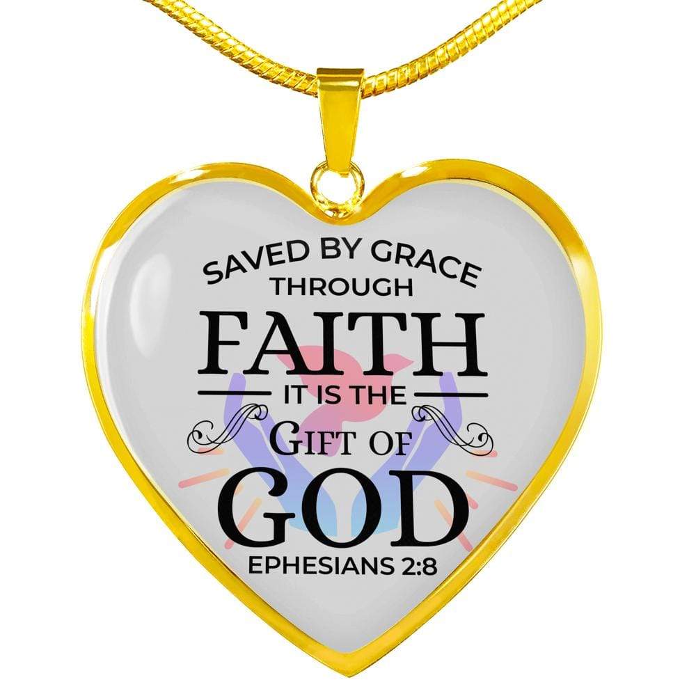 Saved by Grace Ephesians 2:8 Necklace Stainless Steel or 18k Gold Heart Pendant 18-22" - Express Your Love Gifts