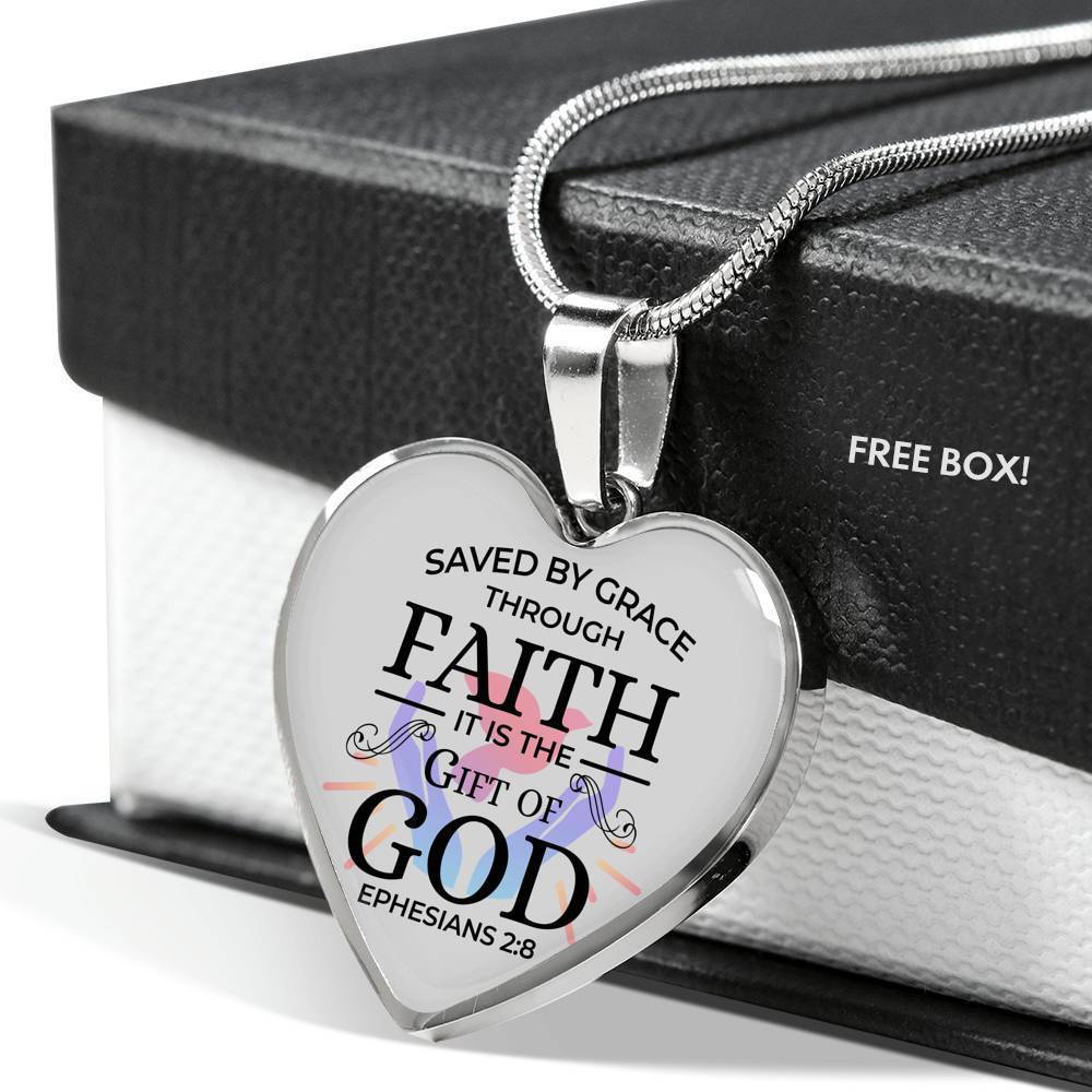 Saved by Grace Ephesians 2:8 Necklace Stainless Steel or 18k Gold Heart Pendant 18-22" - Express Your Love Gifts