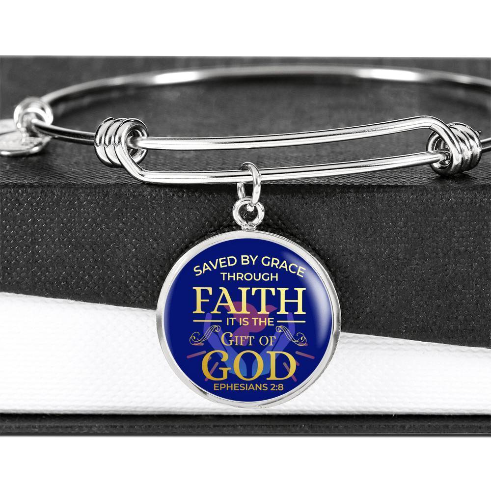 Saved By Grace Ephesians 2:8 Stainless Steel or 18k Gold Circle Bangle Bracelet - Express Your Love Gifts