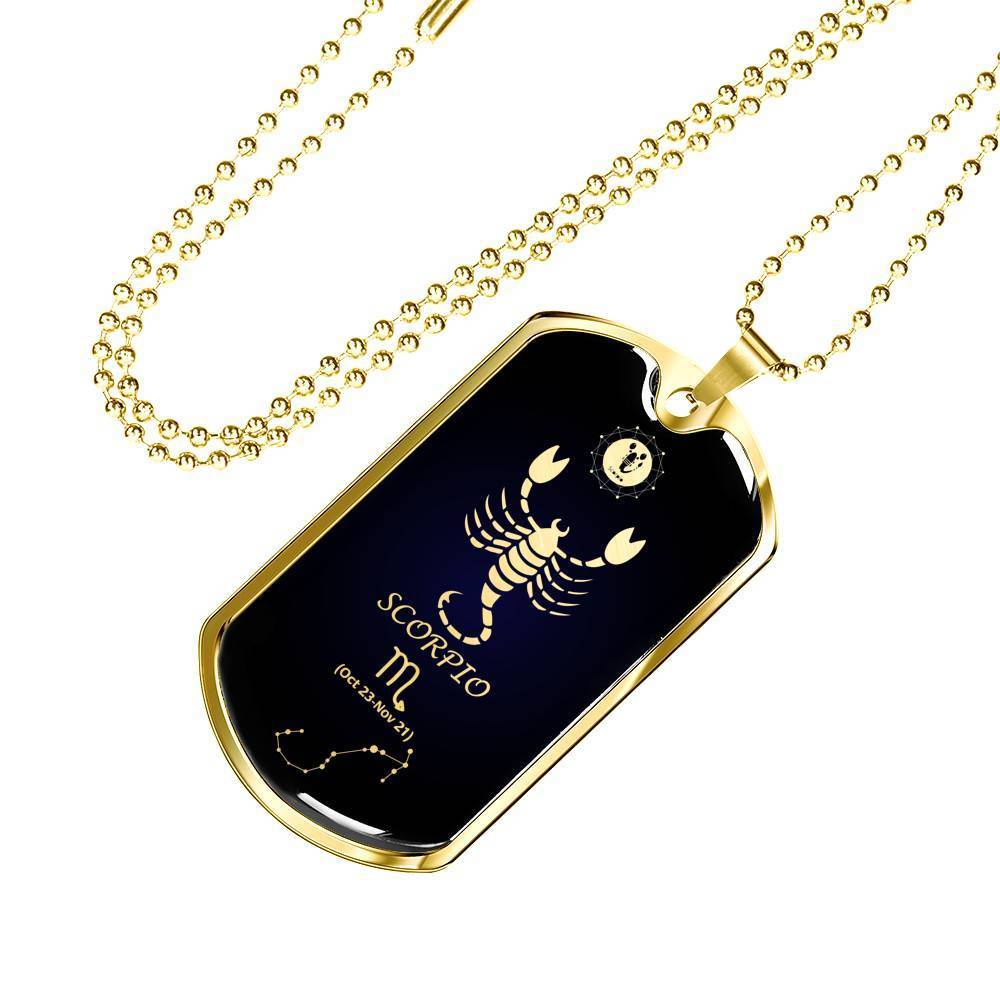 Scorpio Constellation Horoscope Zodiac Necklace 18k Gold Stainless Steel Dog Tag 24"-Express Your Love Gifts