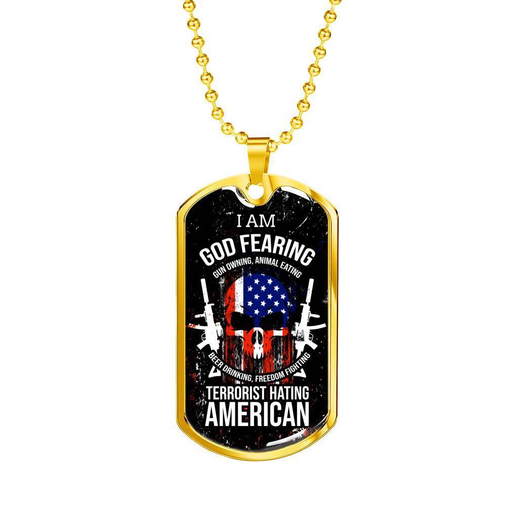 Skull Of Freedom Patriot Necklace Stainless Steel or 18k Gold Dog Tag 24" Chain-Express Your Love Gifts