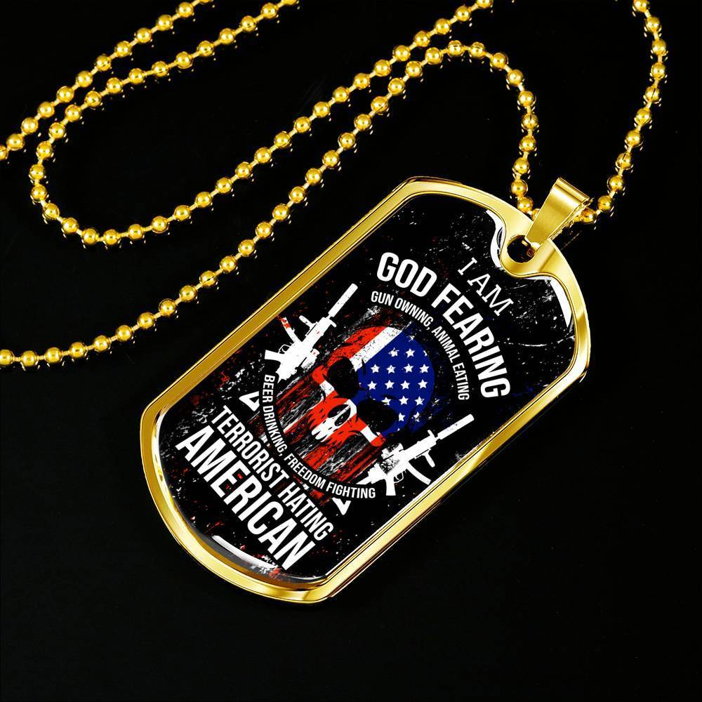 Skull Of Freedom Patriot Necklace Stainless Steel or 18k Gold Dog Tag 24" Chain-Express Your Love Gifts