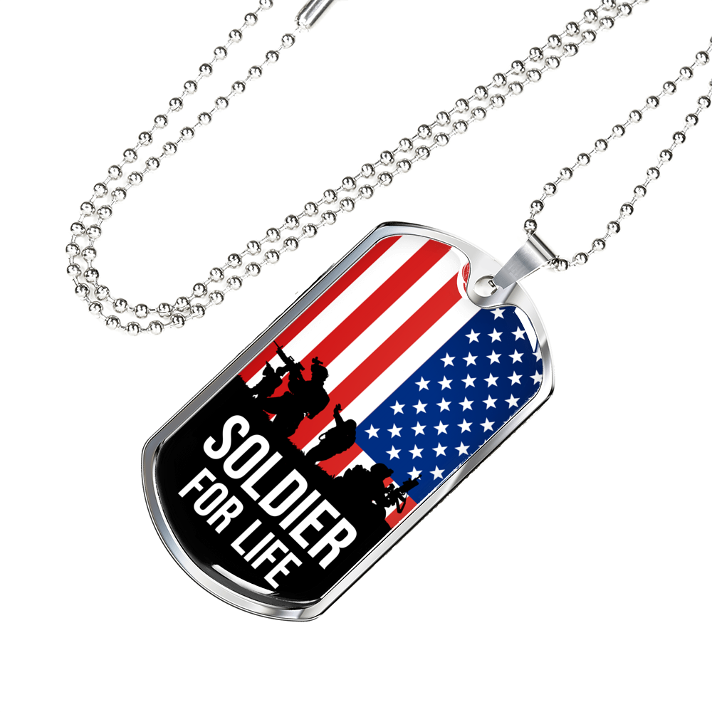 Soldier For Life Necklace Stainless Steel or 18k Gold Dog Tag 24" Chain-Express Your Love Gifts
