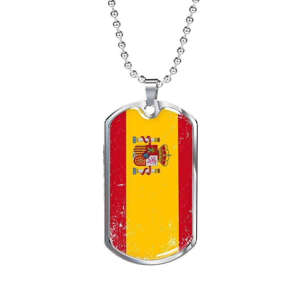 Spain Distressed Flag Necklace Spain Flag Stainless Steel or 18k Gold Dog Tag 24"-Express Your Love Gifts