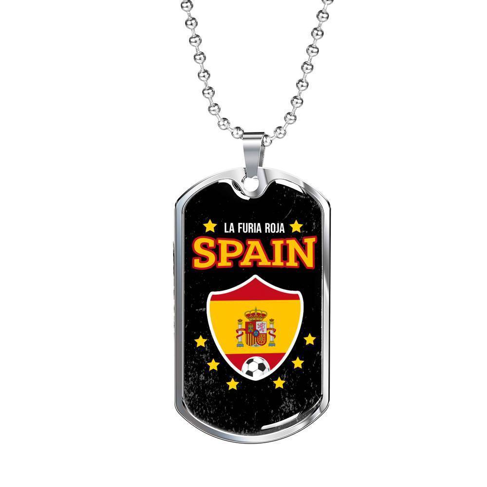 Spain Flag And Futbol/Soccer Necklace Stainless Steel or 18k Gold Dog Tag 24" Chain-Express Your Love Gifts