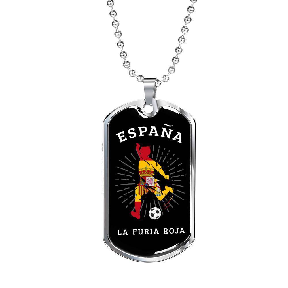 Spain Flag & Futbol/Soccer Necklace Stainless Steel or 18k Gold Dog Tag 24" Chain-Express Your Love Gifts