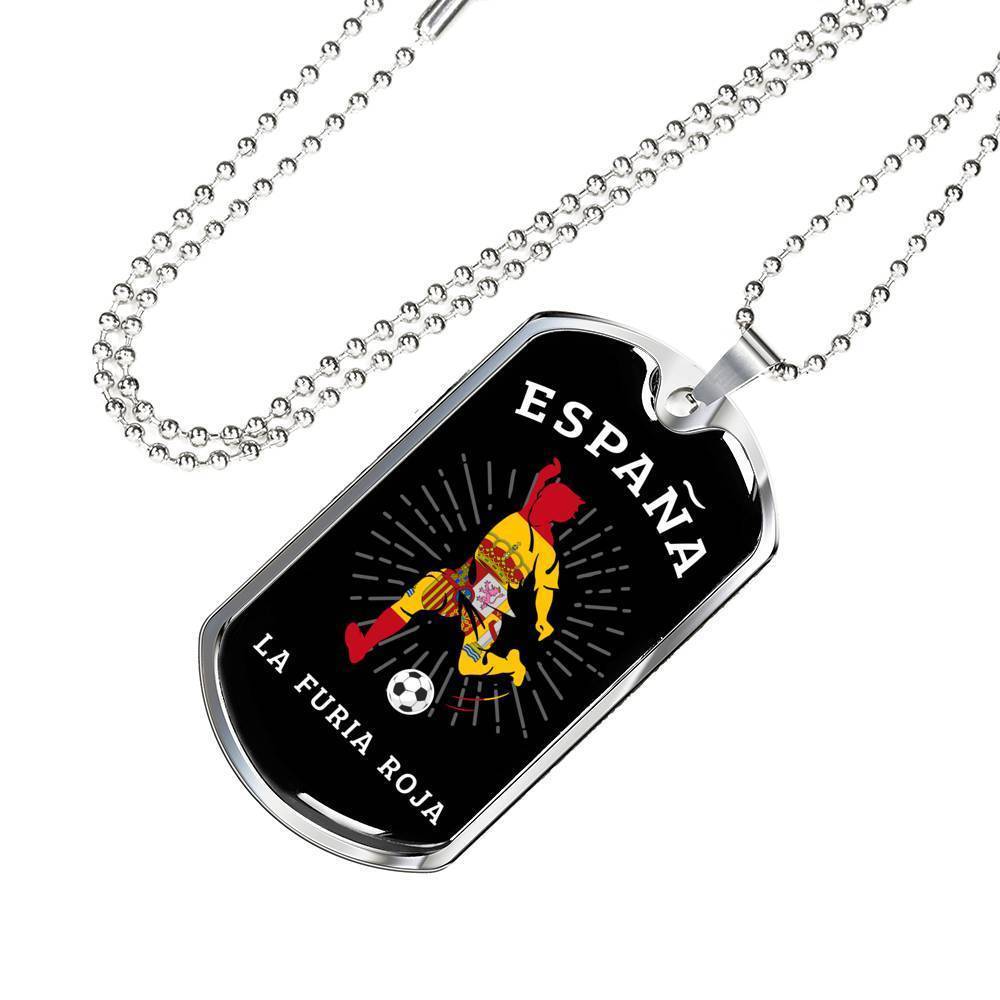 Spain Flag & Futbol/Soccer Necklace Stainless Steel or 18k Gold Dog Tag 24" Chain-Express Your Love Gifts