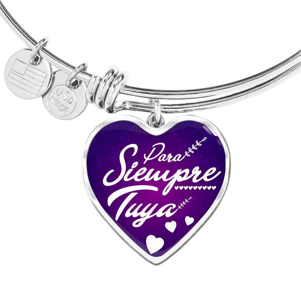 Spanish Love Message Forever Yours Para Siempre Tuya Heart Pendant Bangle Bracelet-Express Your Love Gifts