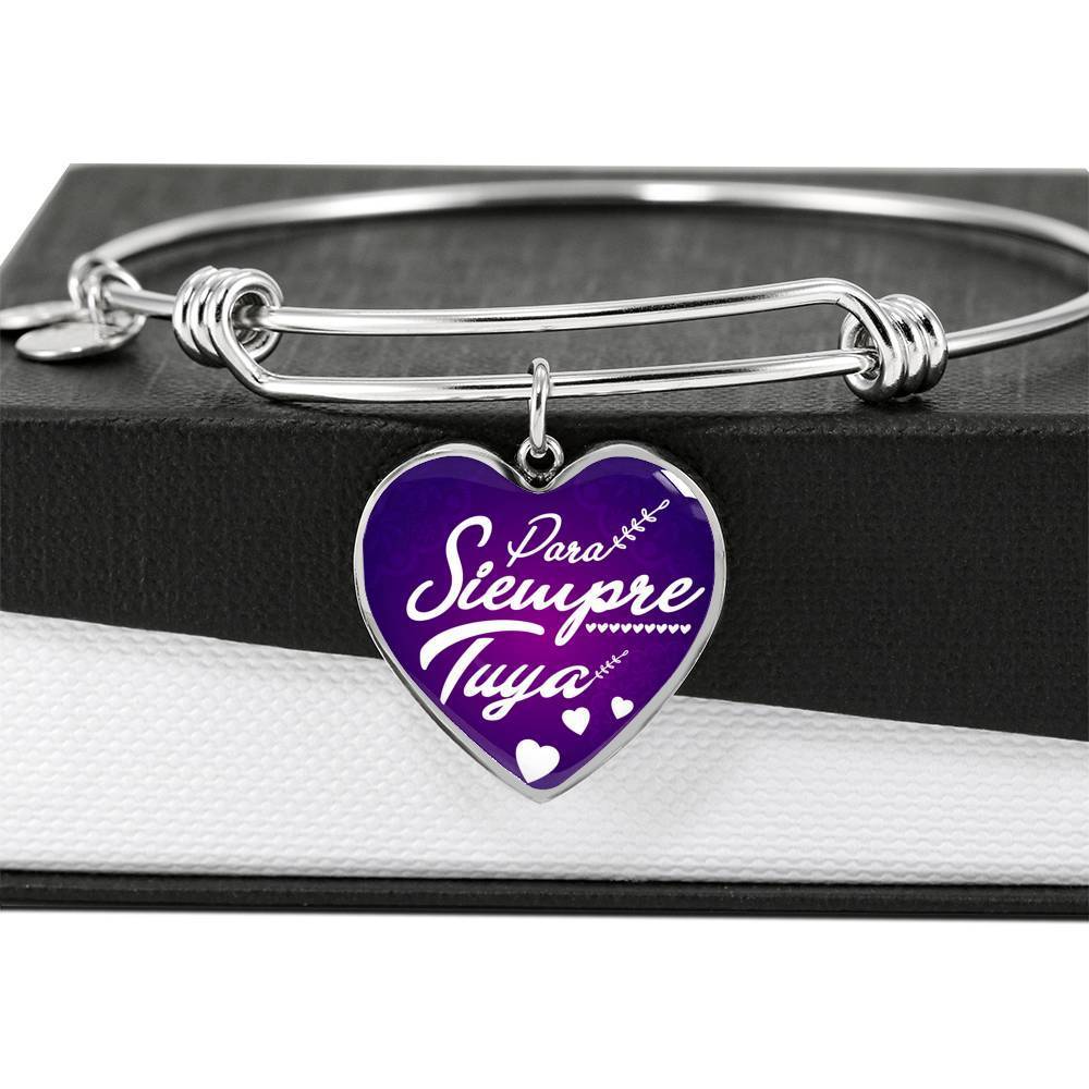 Spanish Love Message Forever Yours Para Siempre Tuya Heart Pendant Bangle Bracelet-Express Your Love Gifts