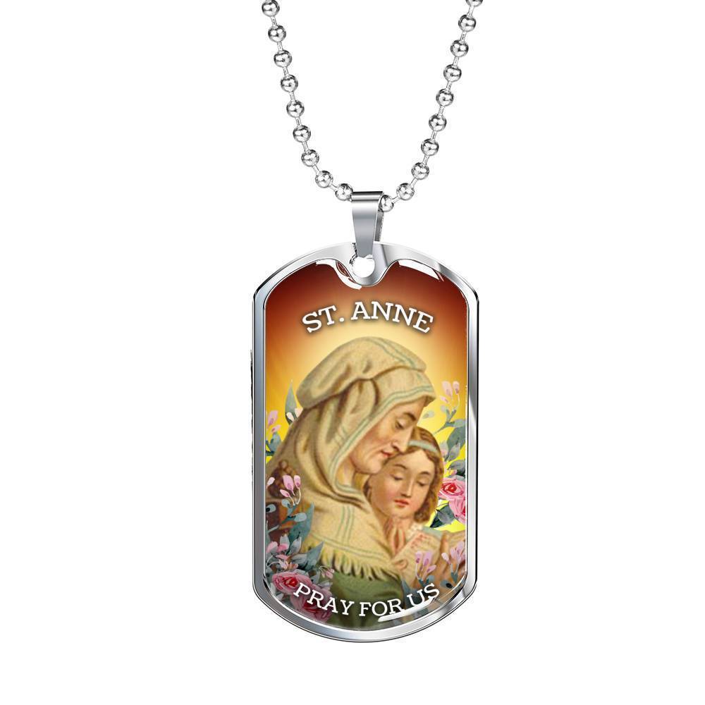 St. Anne Catholic Necklace Stainless Steel or 18k Gold Dog Tag 24" Chain-Express Your Love Gifts