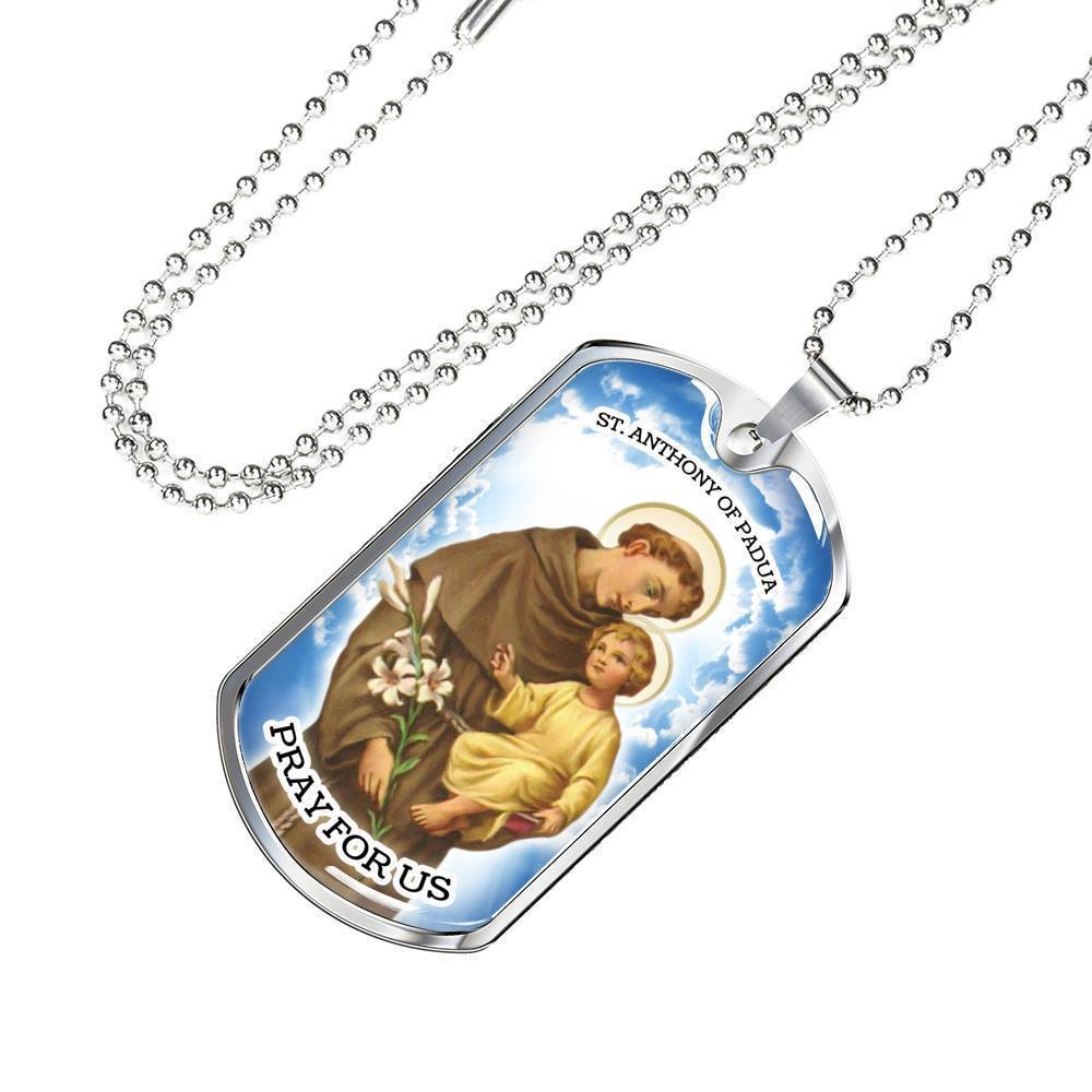 St. Anthony Catholic Necklace Stainless Steel or 18k Gold Dog Tag 24" Chain-Express Your Love Gifts