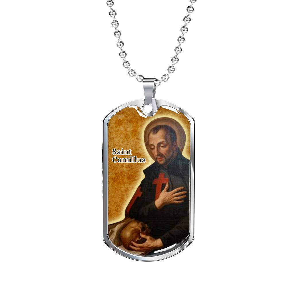 St. Camillus Catholic Saint Stainless Steel or 18k Gold Dog Tag Necklace 24" Chain-Express Your Love Gifts