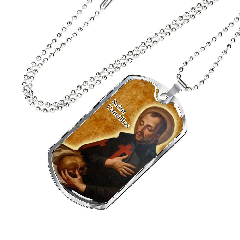 St. Camillus Catholic Saint Stainless Steel or 18k Gold Dog Tag Necklace 24" Chain-Express Your Love Gifts