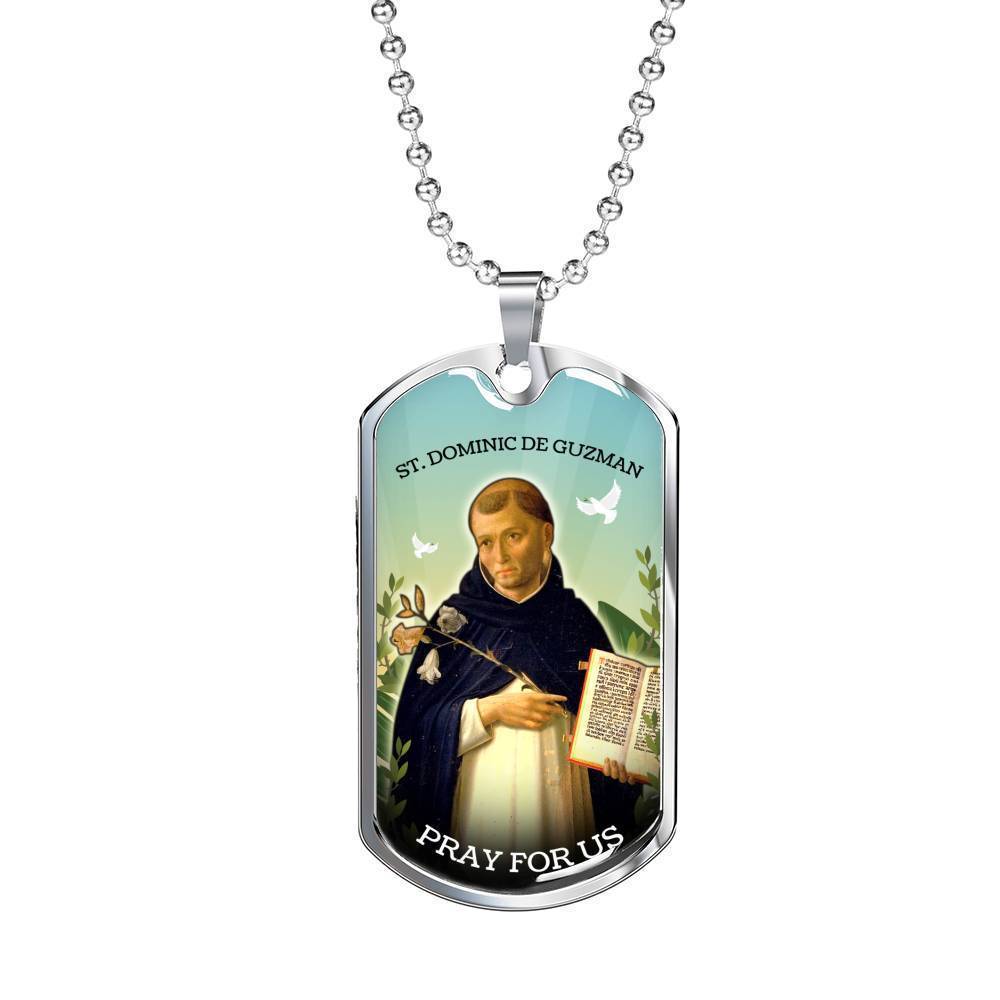 St. Dominic Catholic Necklace Stainless Steel or 18k Gold Dog Tag 24" Chain-Express Your Love Gifts