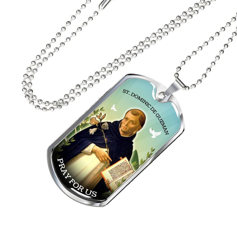St. Dominic Catholic Necklace Stainless Steel or 18k Gold Dog Tag 24" Chain-Express Your Love Gifts